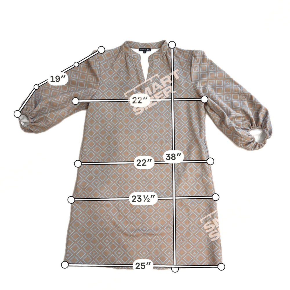 Boho Chic Womens Tan Blue Geometric Diamond Print Puff Sleeve Tunic Dress Size M - Picture 8 of 8